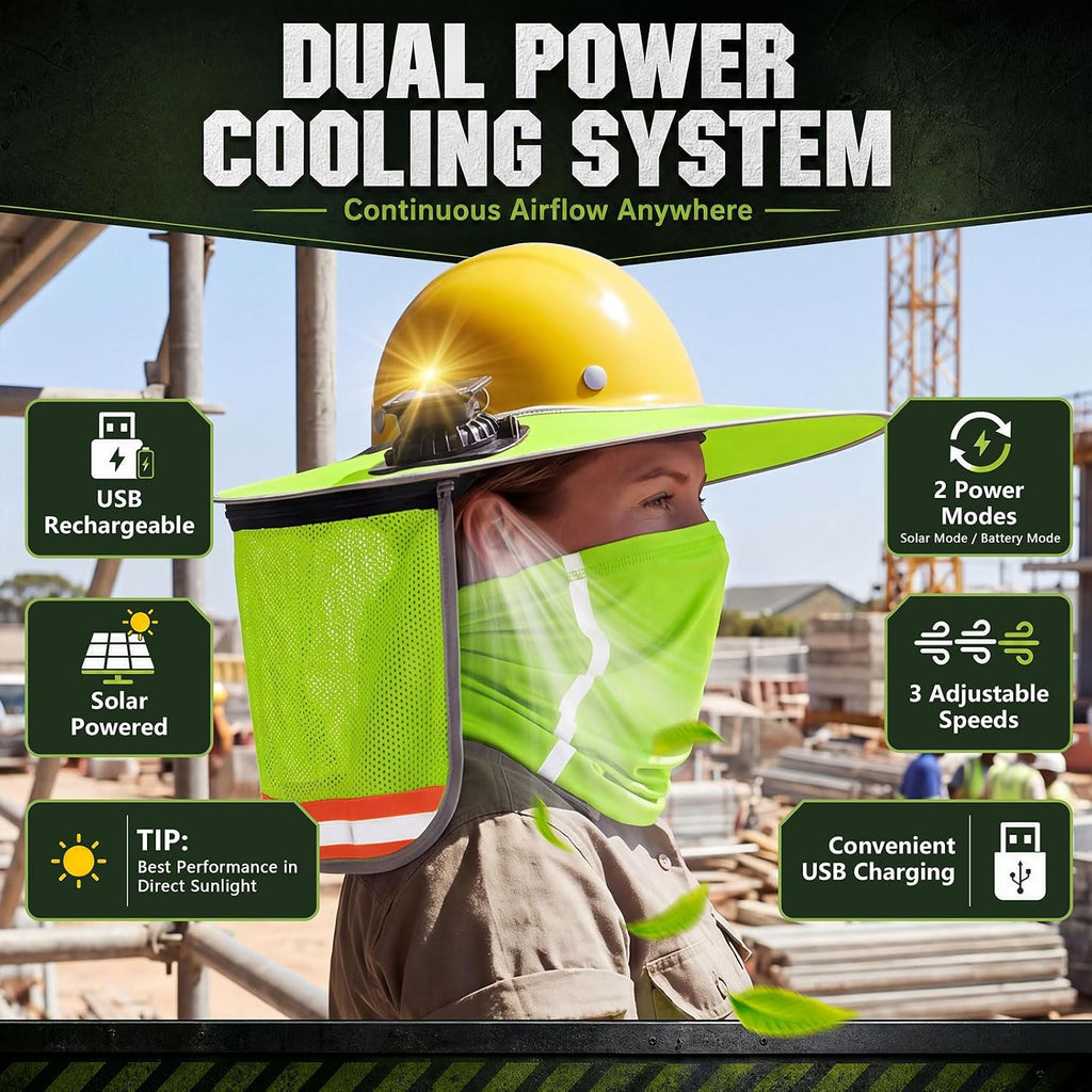 Hard Hat Sun Shade with Dual Solar Fans, Neck Cover & Arm Sleeves