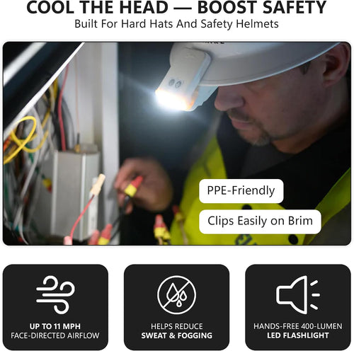 Breezy Pro Hard Hat Clip-On Fan | Mini Personal Portable Fan with 400‑Lumen Work Light | 11 MPH, IP56 | Cooling Gear for Safety Helmets, Welding, Construction | USB‑C Rechargeable - White
