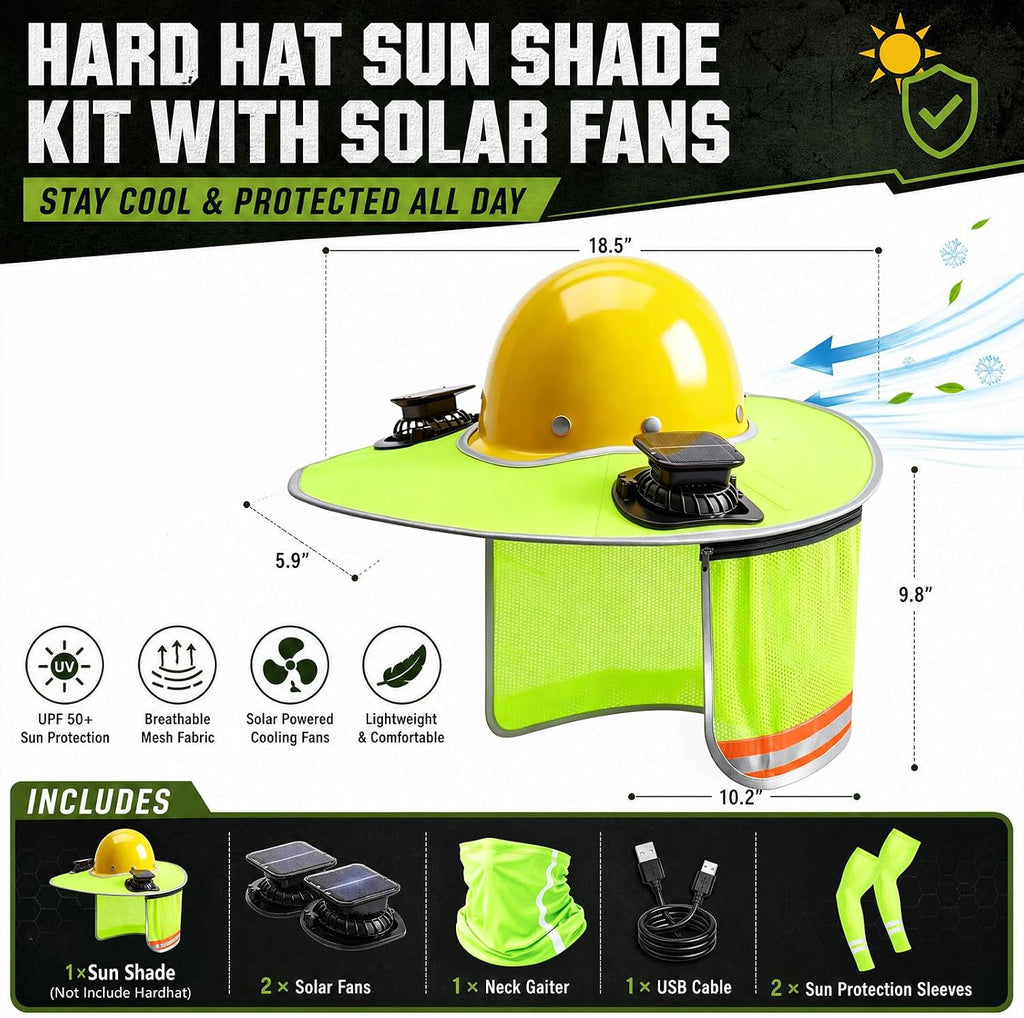 Hard Hat Sun Shade with Dual Solar Fans, Neck Cover & Arm Sleeves