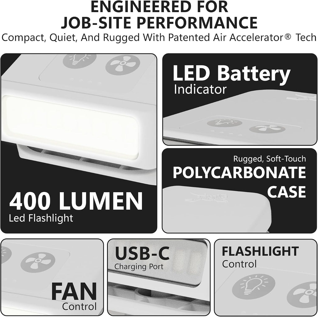 Breezy Pro Hard Hat Clip-On Fan | Mini Personal Portable Fan with 400‑Lumen Work Light | 11 MPH, IP56 | Cooling Gear for Safety Helmets, Welding, Construction | USB‑C Rechargeable - White