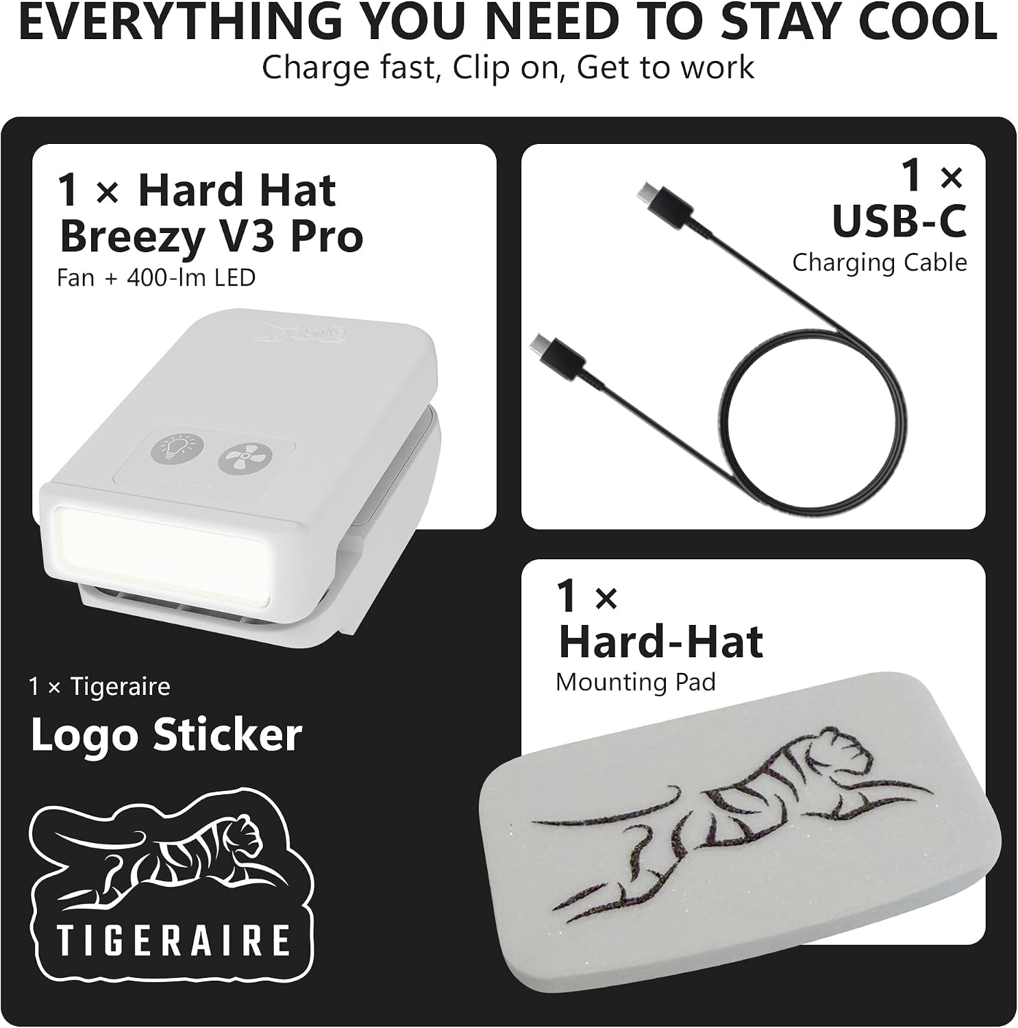 Breezy Pro Hard Hat Clip-On Fan | Mini Personal Portable Fan with 400‑Lumen Work Light | 11 MPH, IP56 | Cooling Gear for Safety Helmets, Welding, Construction | USB‑C Rechargeable - White