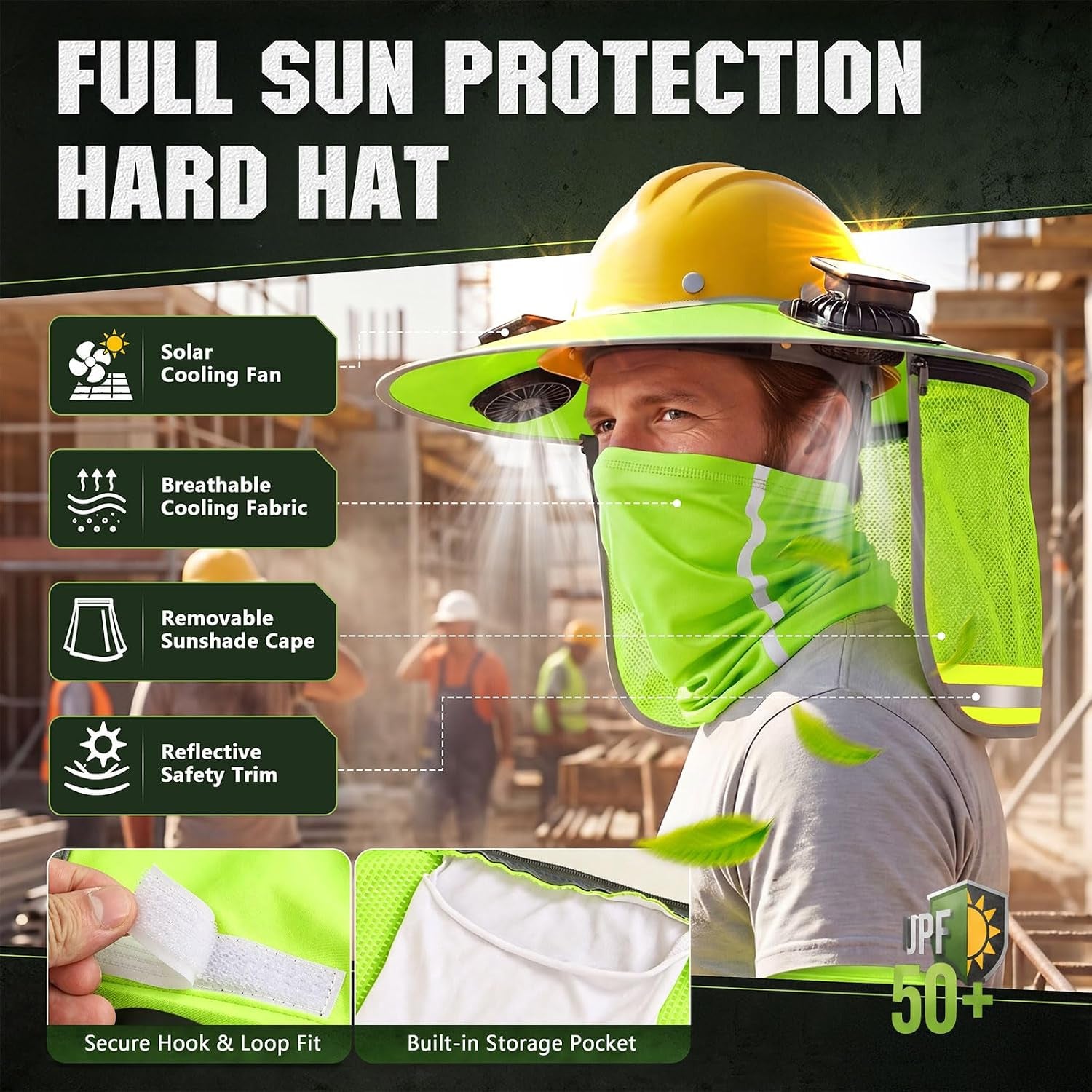 Hard Hat Sun Shade with Dual Solar Fans, Neck Cover & Arm Sleeves